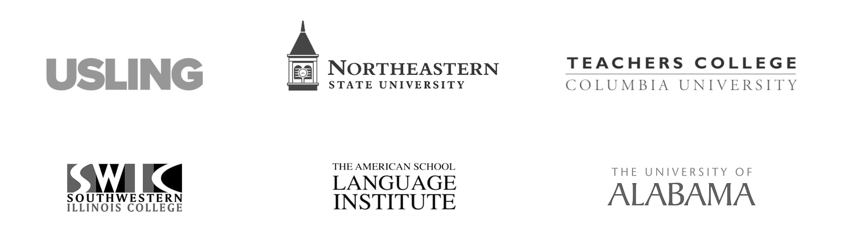 Logos of institutions where educators use AmeriLingua: USLING, Northeastern State University, Teachers College Columbia University, Southwestern Illinois College, The American School Language Institute, and The University of Alabama.