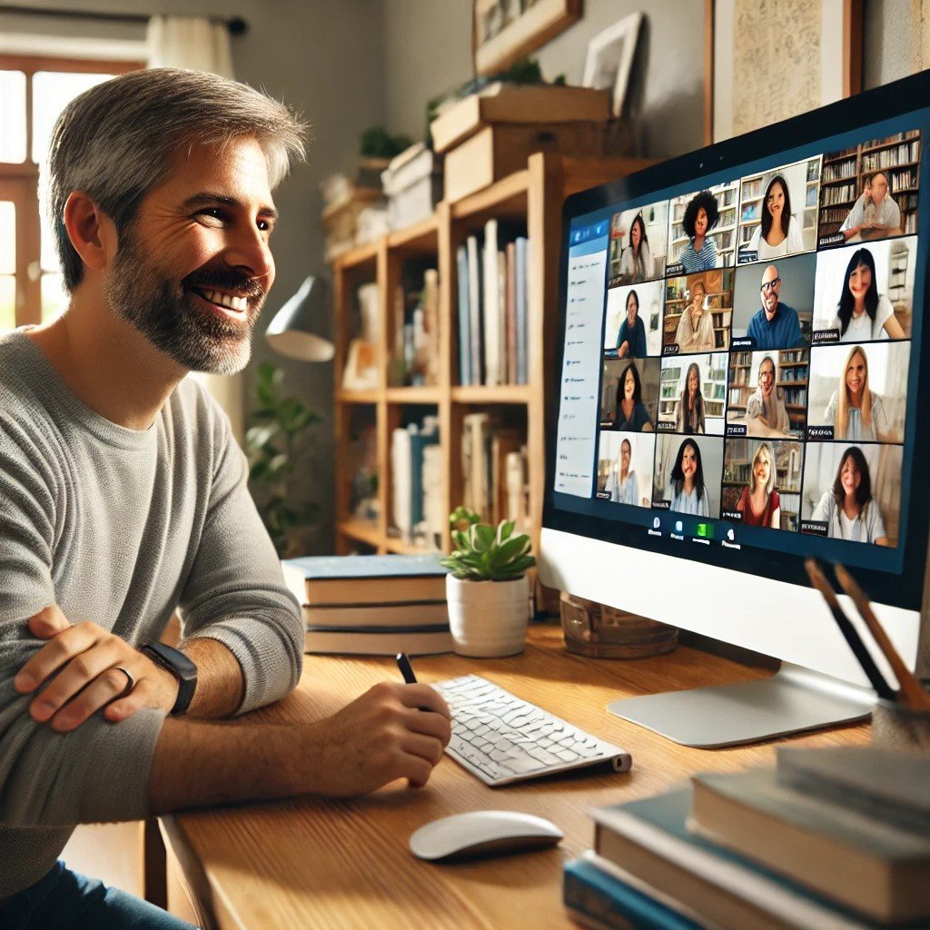 ESL teacher in a home office, smiling and engaging in speaking activities with students on a monitor.