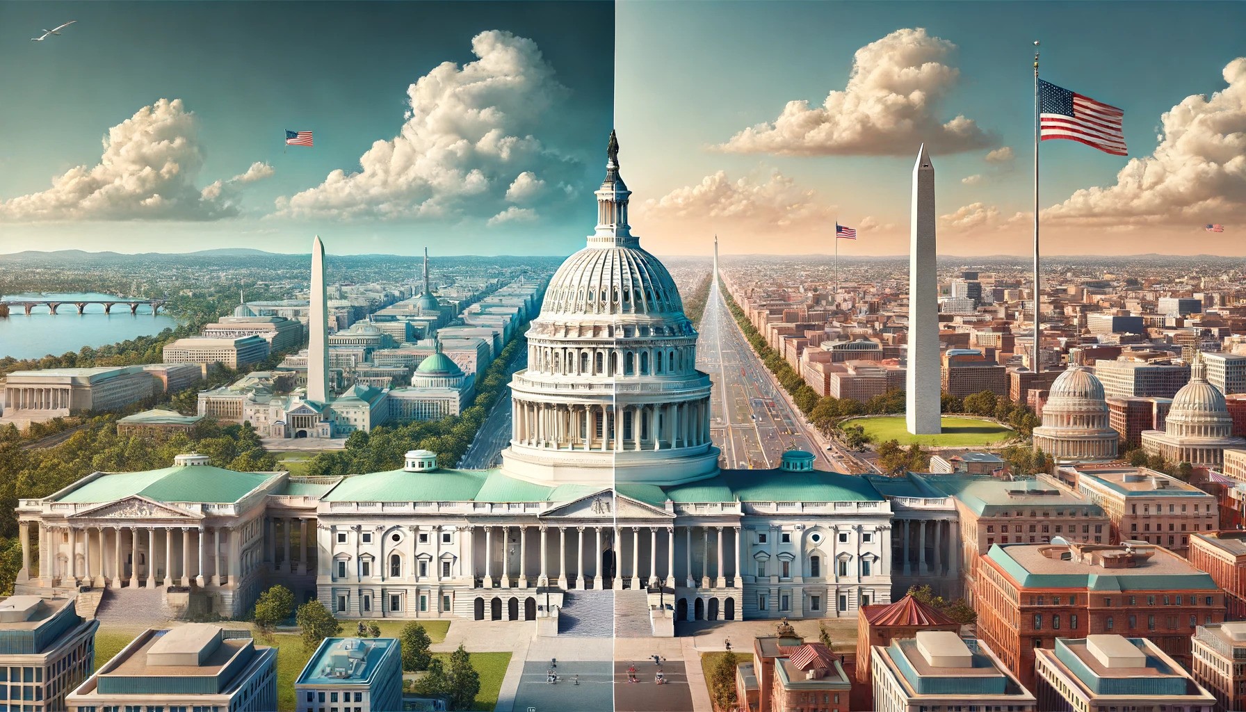 the U.S. Capitol building and the cityscape of Washington, D.C., side by side.